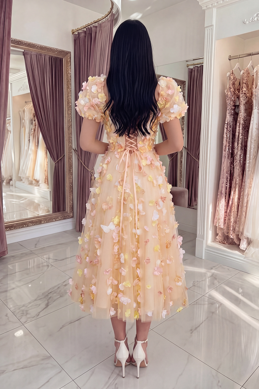 Champagne Puff Sleeves Floral A Line Long Prom Dress