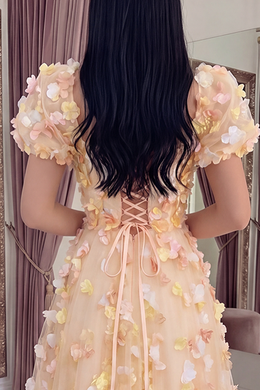 Champagne Puff Sleeves Floral A Line Long Prom Dress