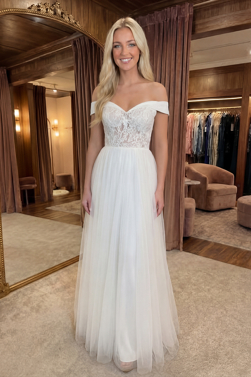 A Line Floral White Long Graduation Dress with Lace