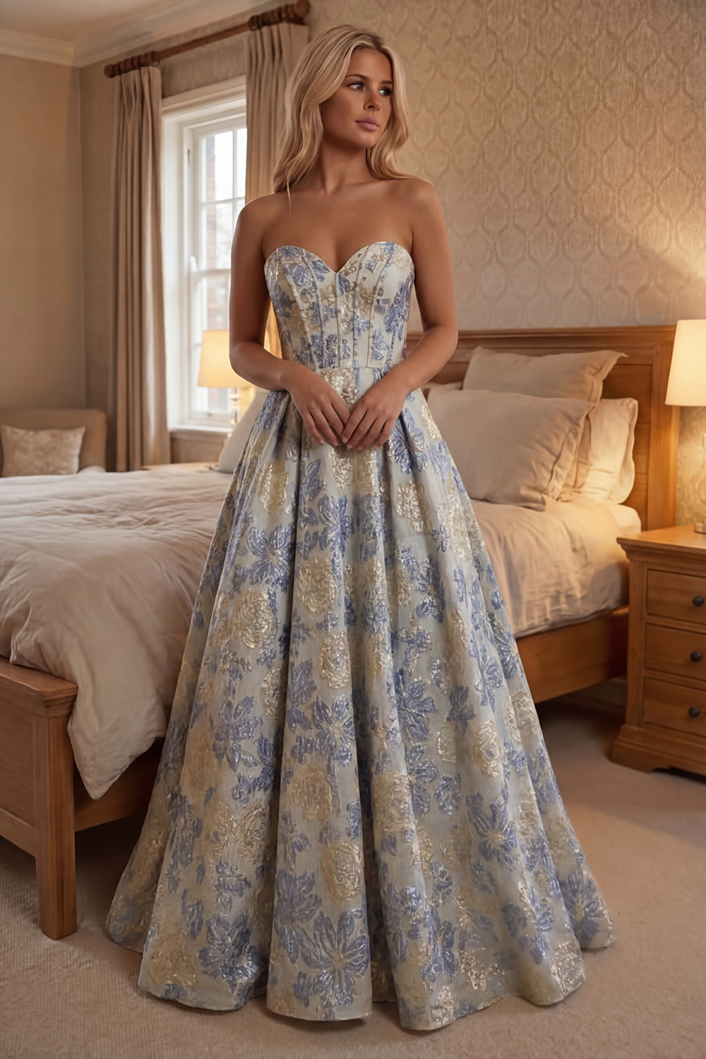Floral Dusty Blue A Line Jacquard Sweetheart Long Corset Prom Dress