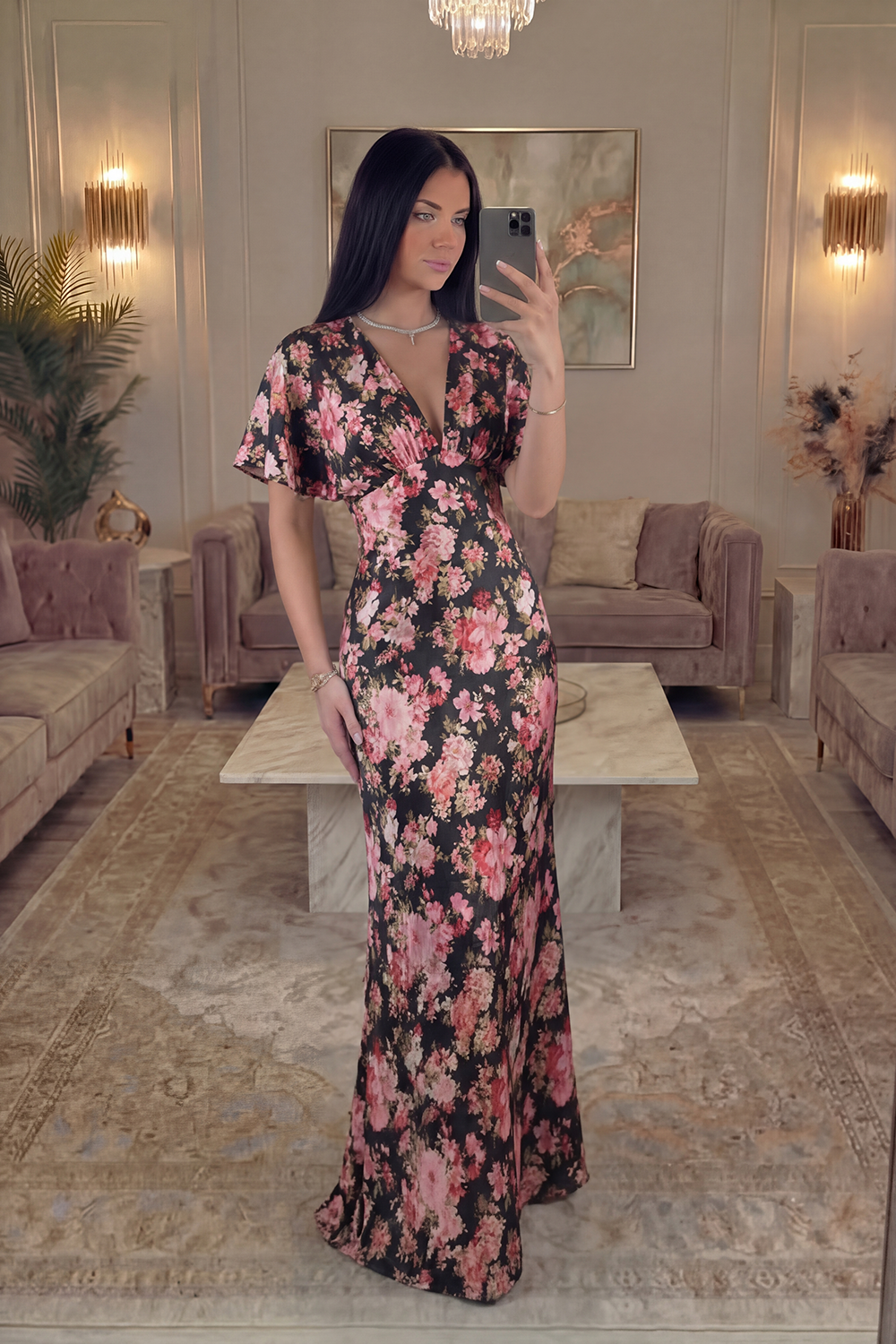 Black Pink Mermaid Flower V Neck Long Prom Dress