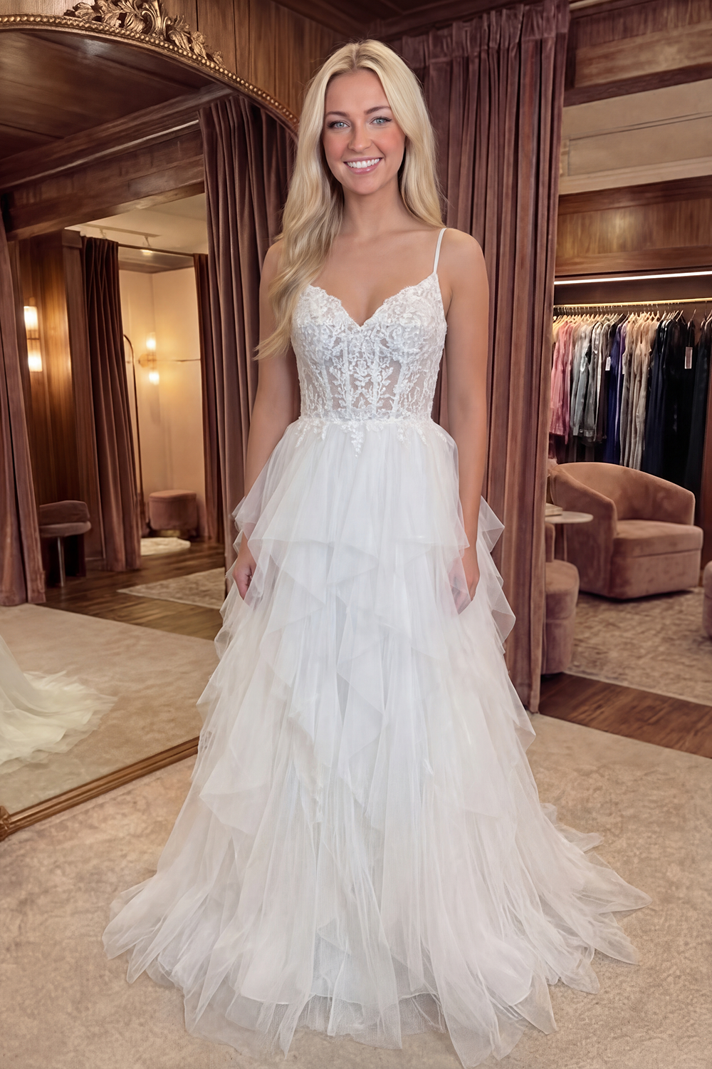 White Tulle Tiered Appliqued A Line Long Corset Prom Dress with Lace