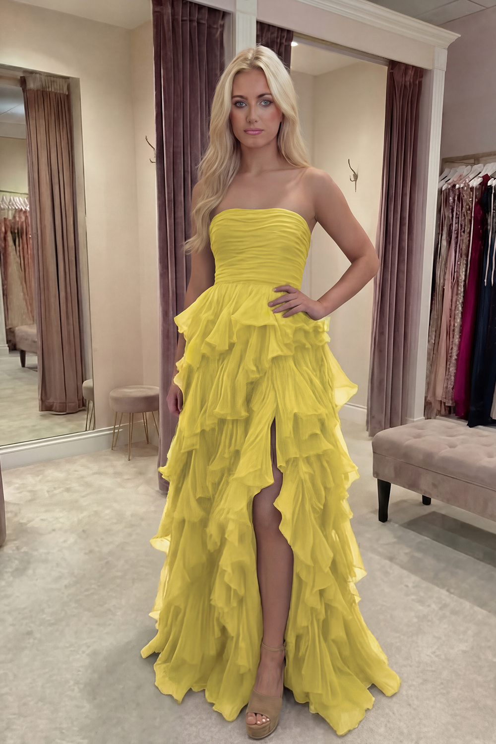 Fuchsia Tulle Tiered A Line Long Prom Dress with Ruffles