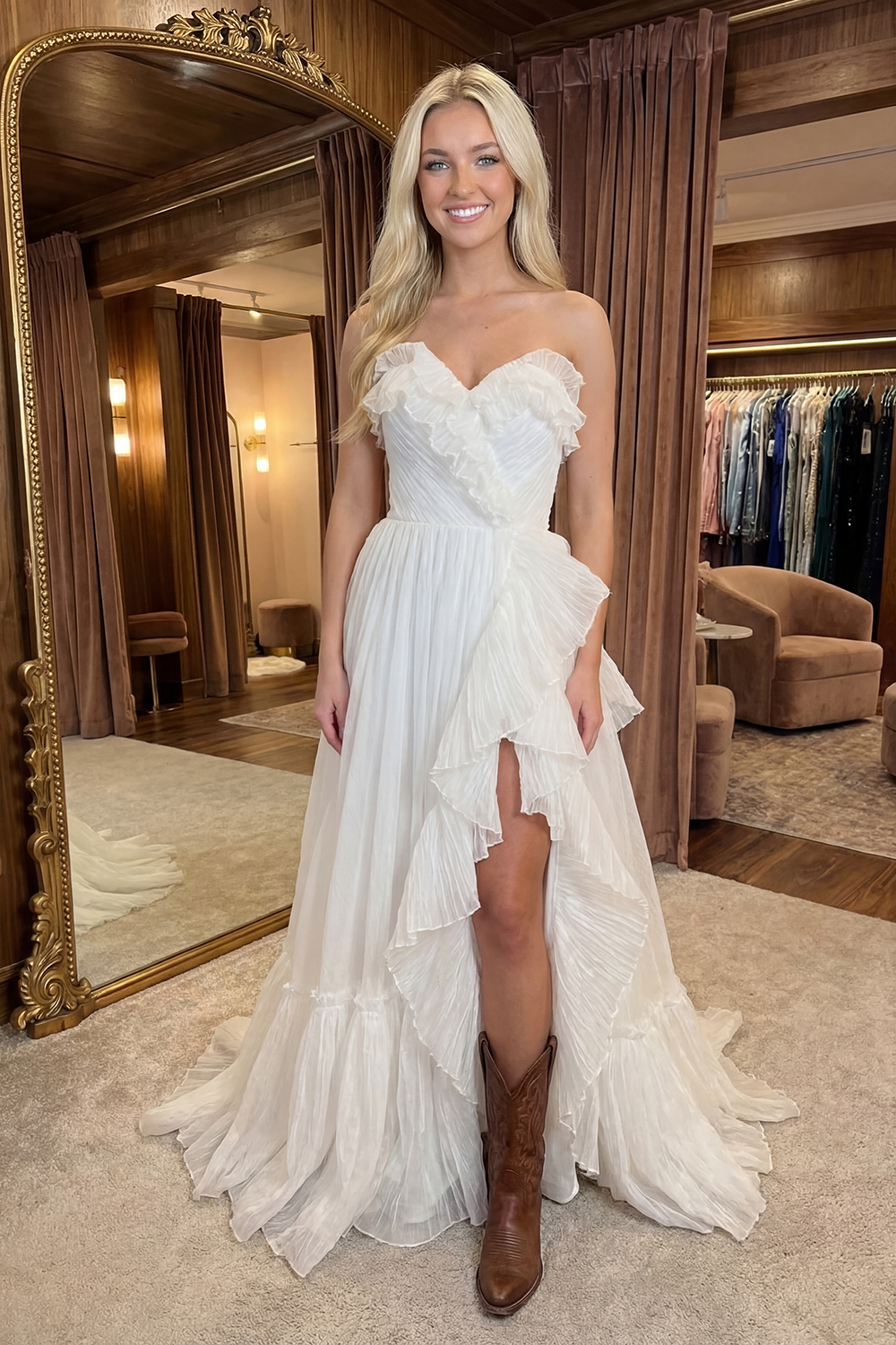 Berlinnova Women Ivory Long Graduation Dress with Ruffles A Line Sweetheart Backless Chiffon Western Wedding Dress with Slit