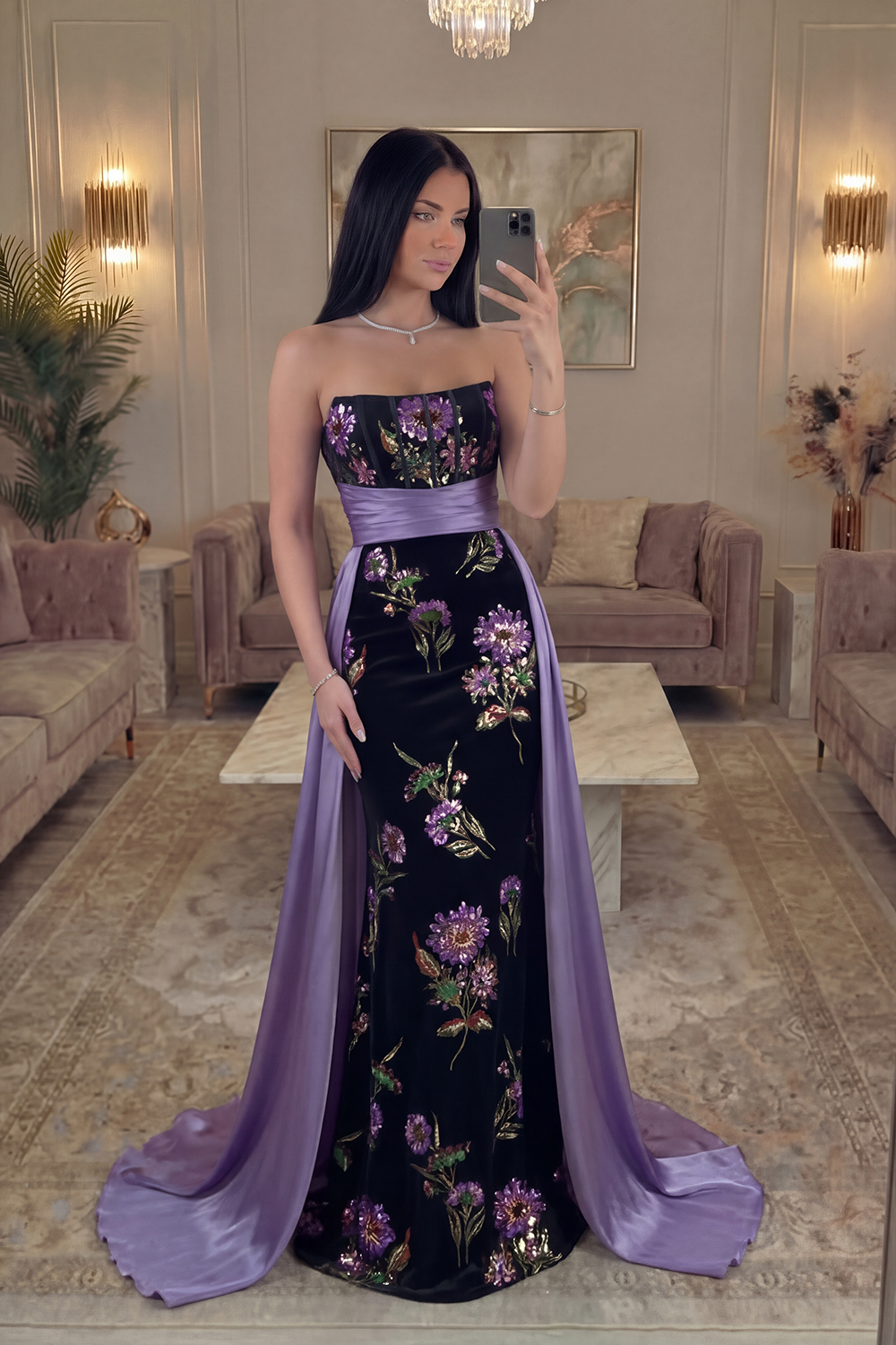 Sparkly Floral Black Mermaid Strapless Long Corset Prom Dress with Cape