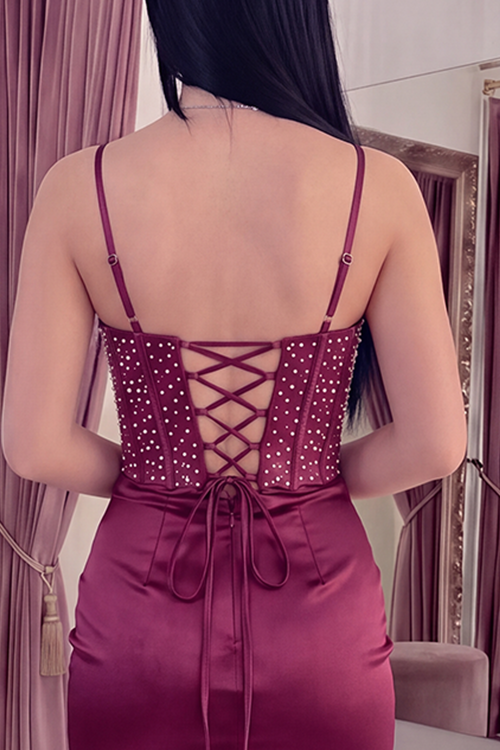 Sparkly Burgundy Floral Tight Corset Short Homecoming Dress with Beading