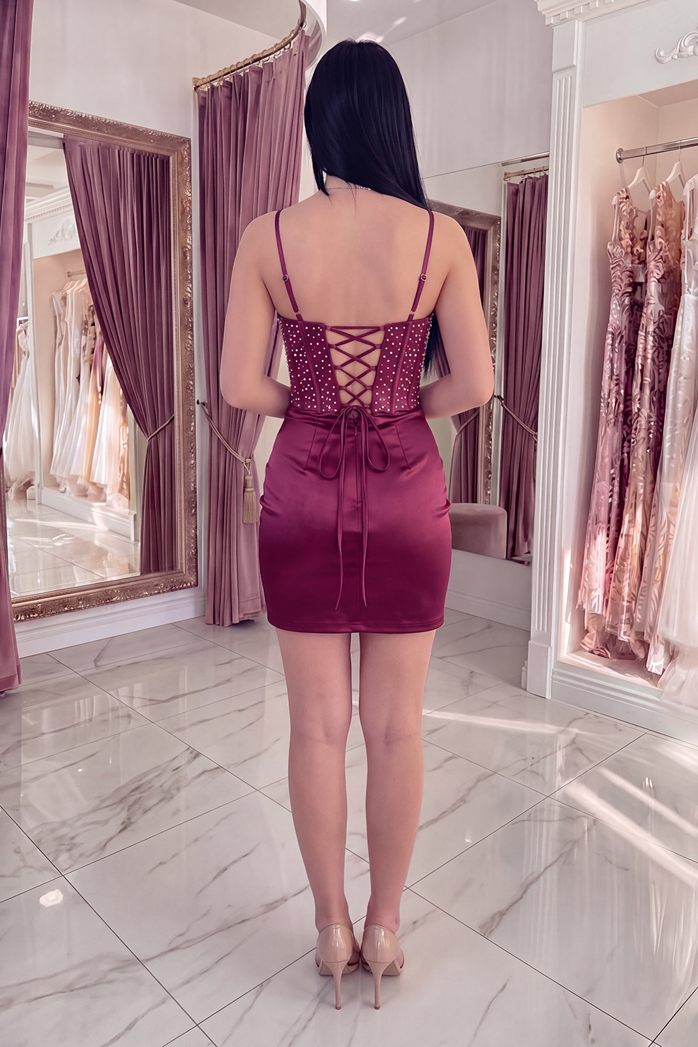 Sparkly Burgundy Floral Tight Corset Short Homecoming Dress with Beading