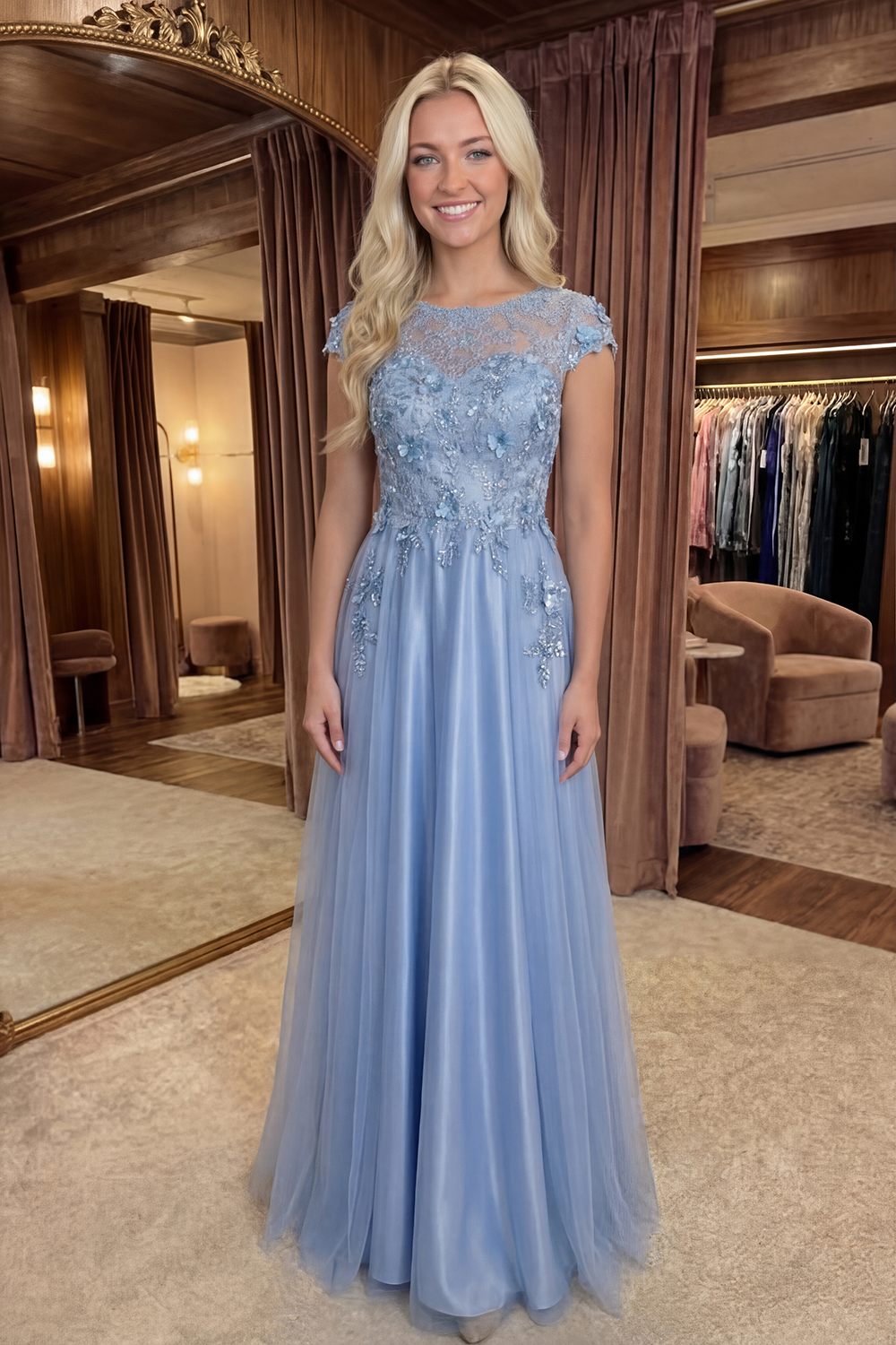 Sparkly Blue Floral Beaded A Line Long Prom Dress with Sleeves