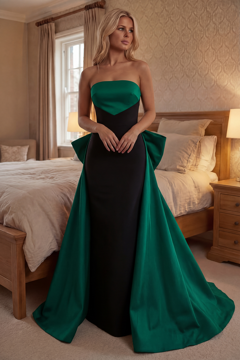 Black and Red Mermaid Strapless Long Prom Dress with Cape