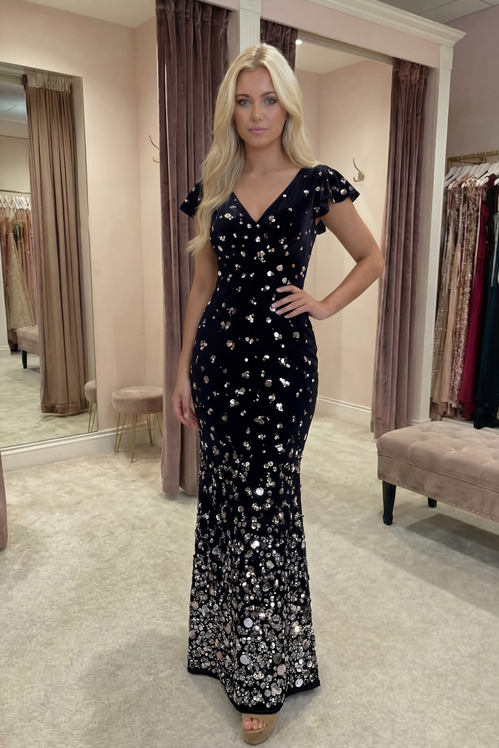 Sparkly Black Silver Mermaid Velvet Sequin Long Prom Dress with Sleeves