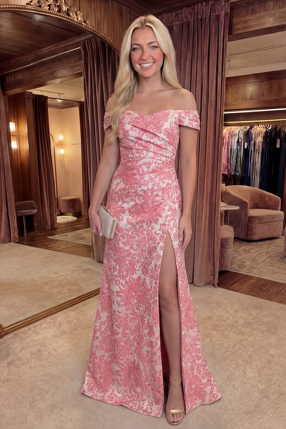 Blush Off the Shoulder Mermaid Jacquard Long Prom Dress