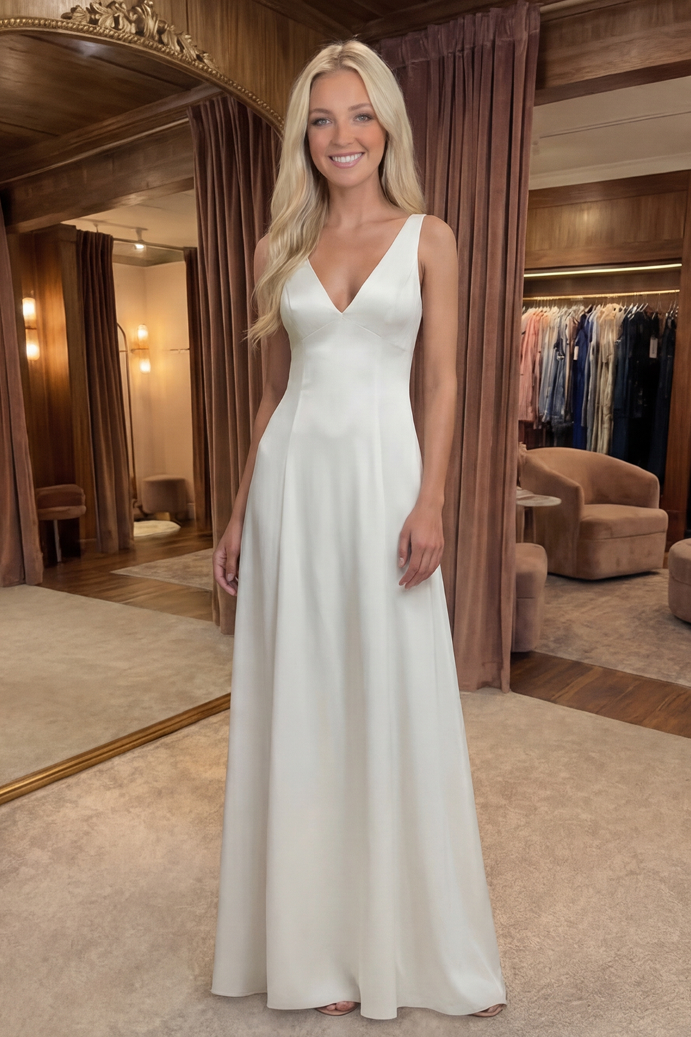 Simple A Line White V-Neck Long Graduation Dress