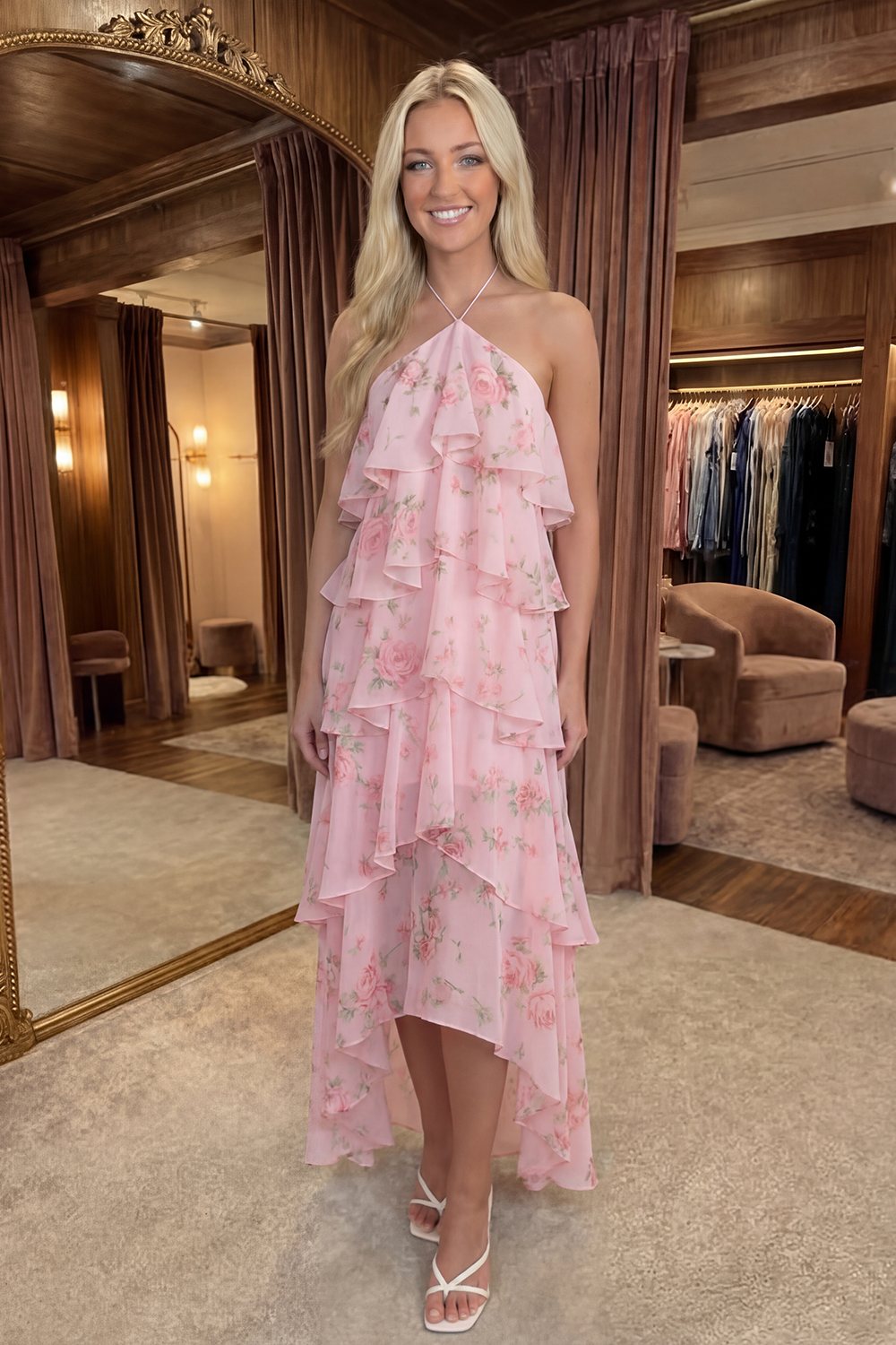 Blue Pink Tiered A Line Flower Halter Long Prom Dress with Ruffles