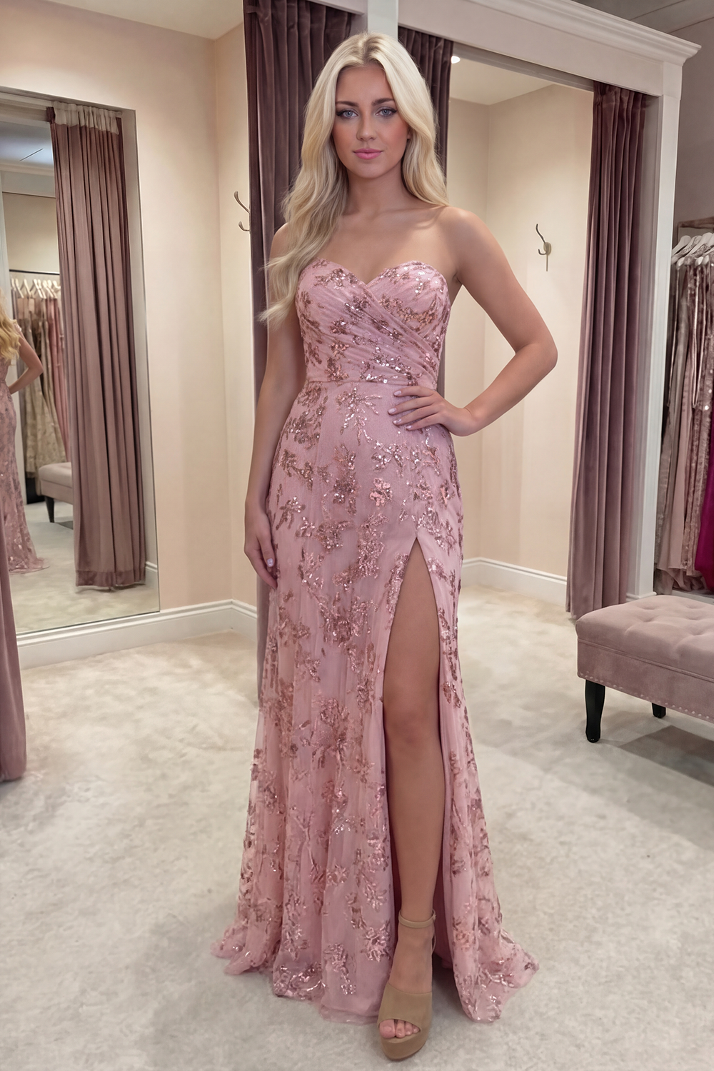 Sparkly A Line Blush Sequin Long Strapless Prom Dress with Slit