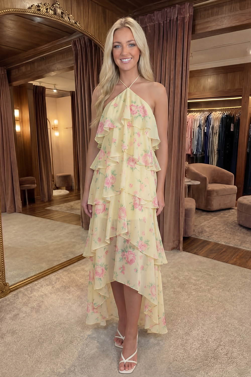 Blue Pink Tiered A Line Flower Halter Long Prom Dress with Ruffles