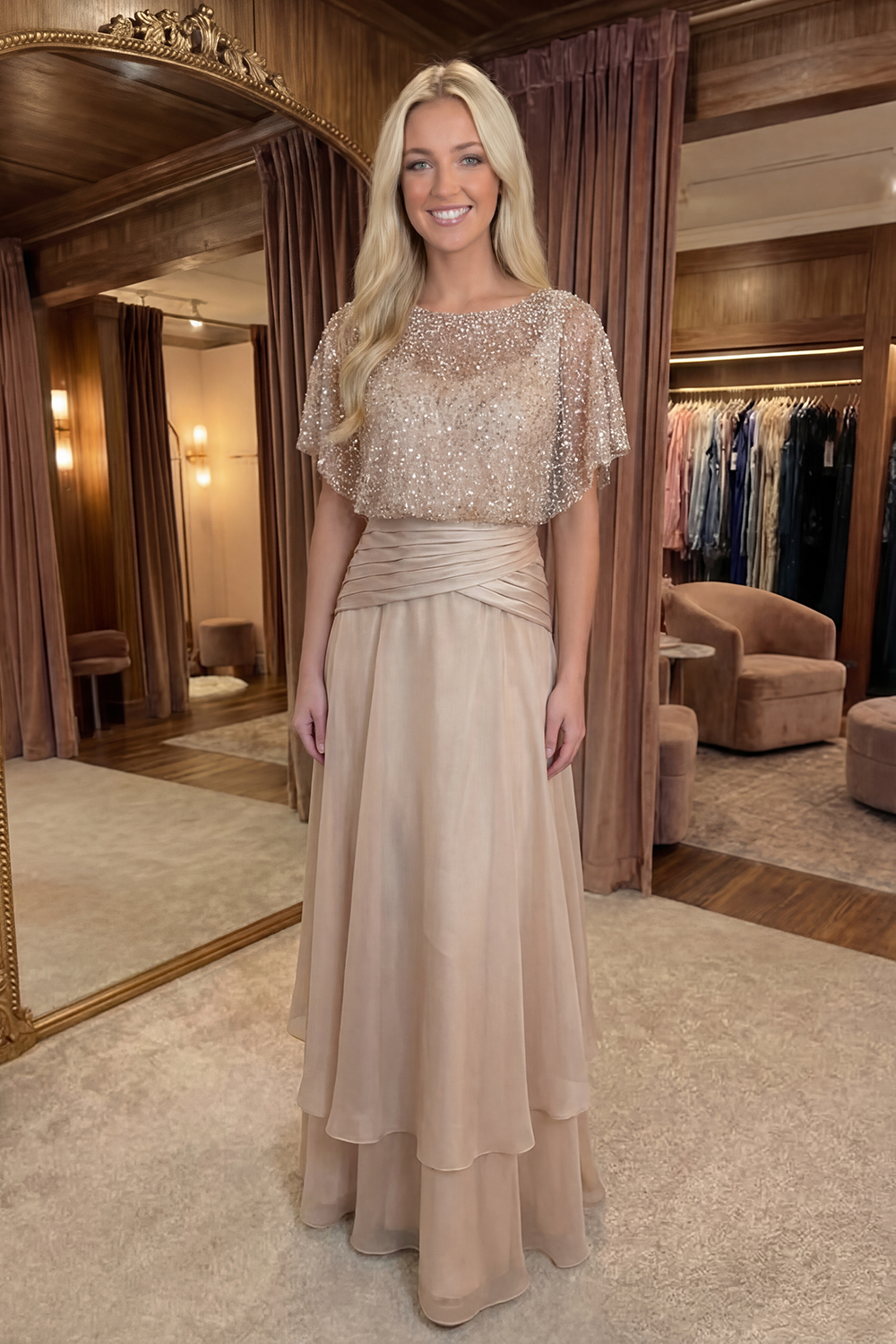 Beaded Long A Line Champagne Prom Dress with Ruffles