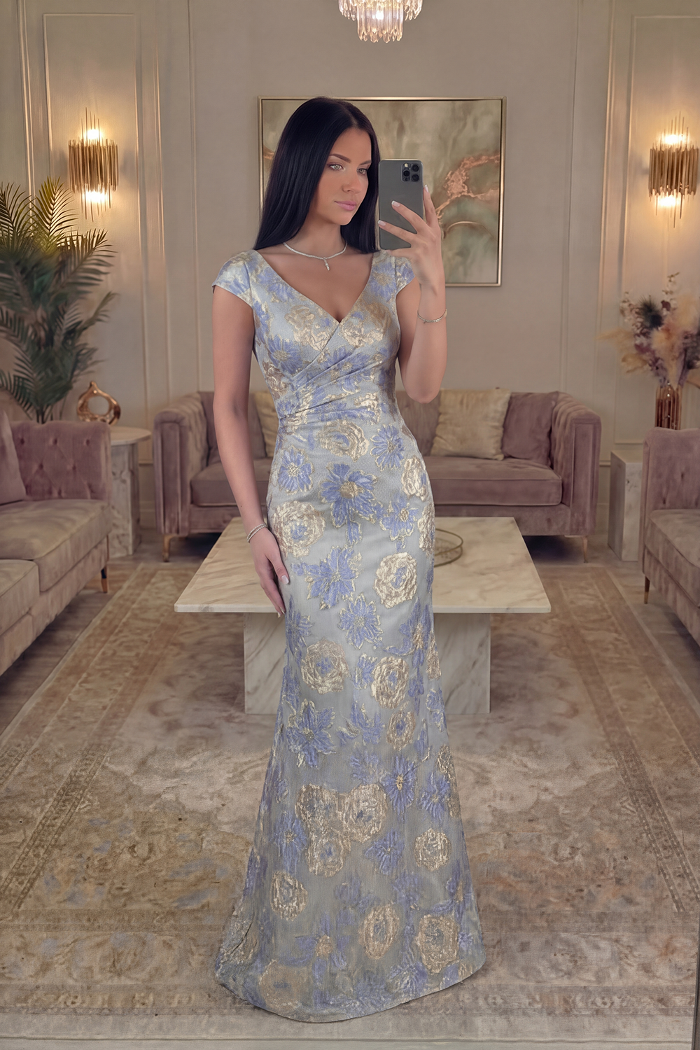 Dusty Blue Cap Sleeves Jacquare Long Mermaid Floral Prom Dress