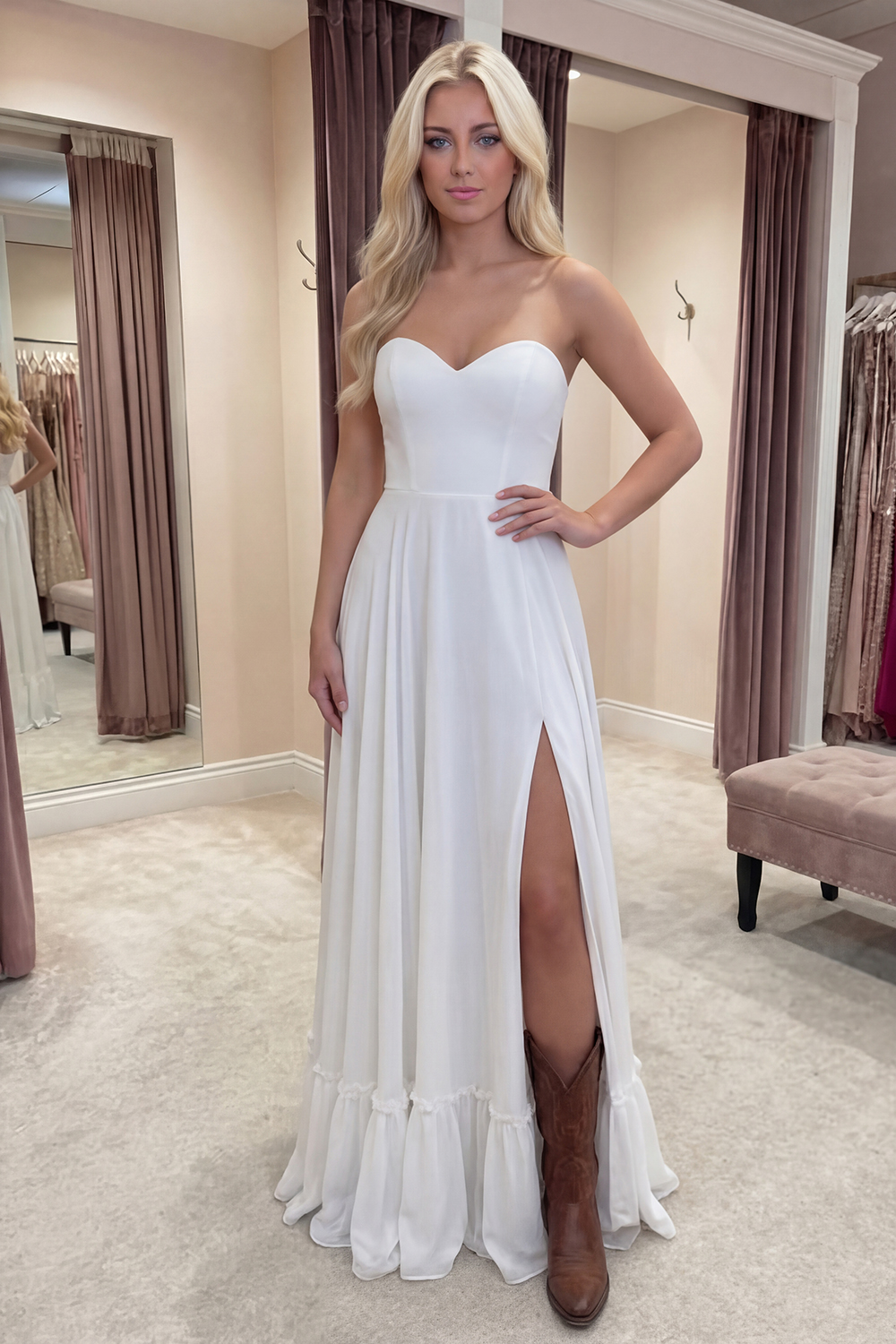 Ivory Strapless A Line Long Graduation Dress with Slit