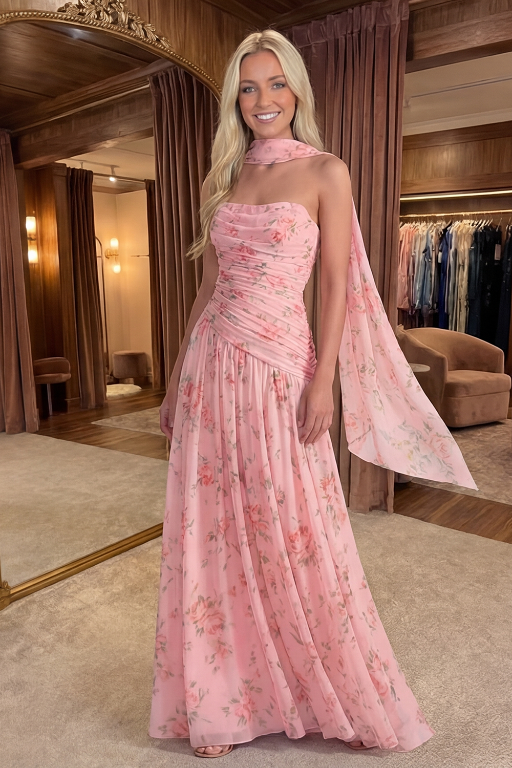 Yellow Pink Flower Neck Scarf A Line Long Prom Dress