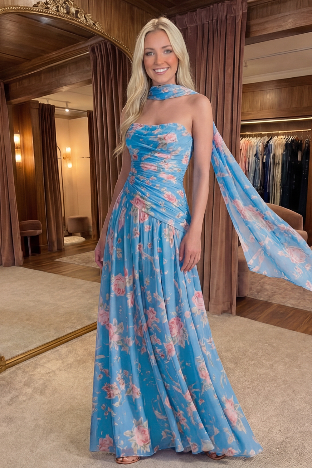 Yellow Pink Flower Neck Scarf A Line Long Prom Dress