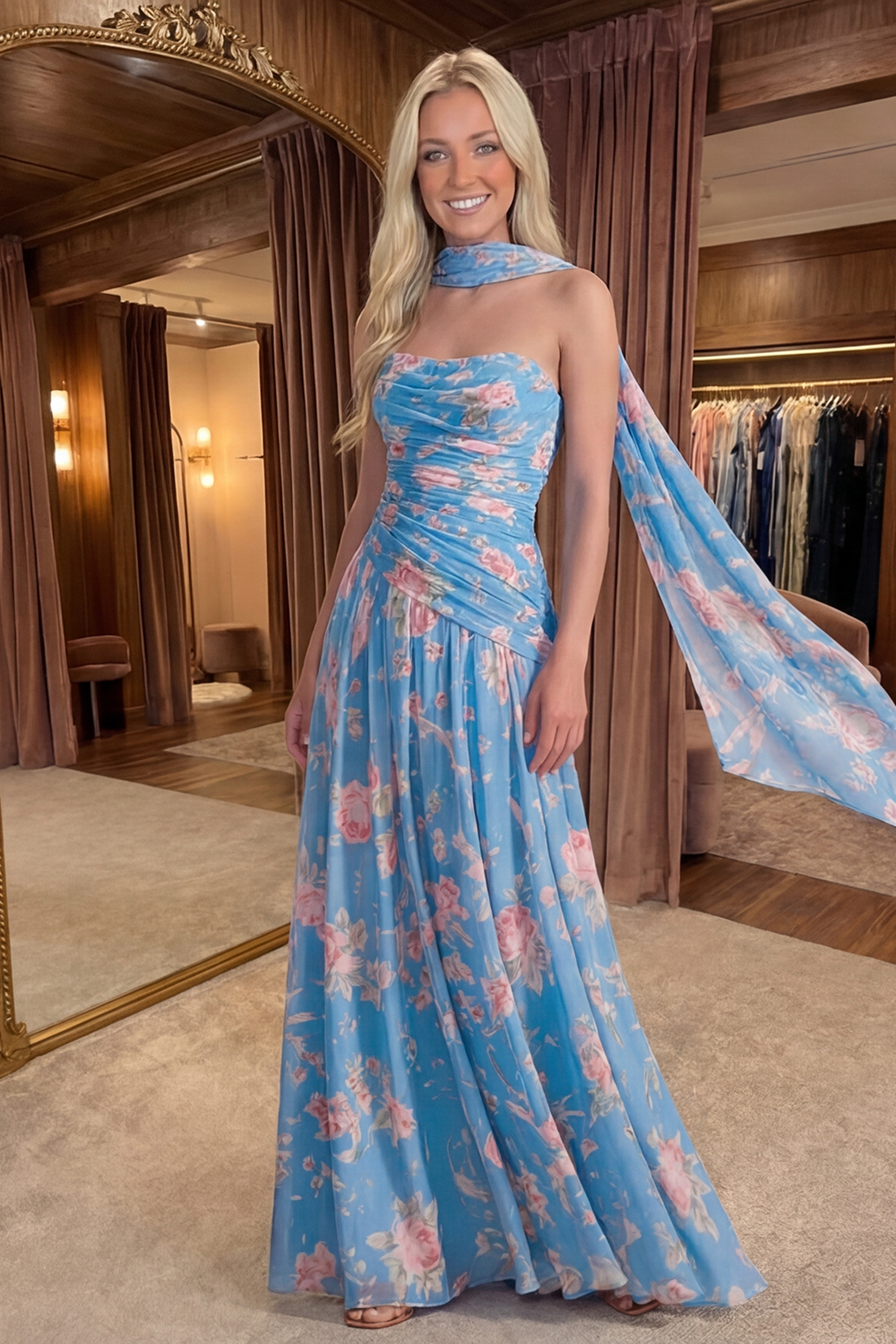 Yellow Pink Flower Neck Scarf A Line Long Prom Dress