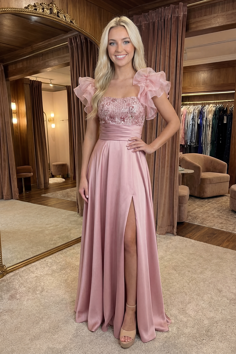 A Line Dusty Rose Long Floral Beaded Prom Dress with Ruffles