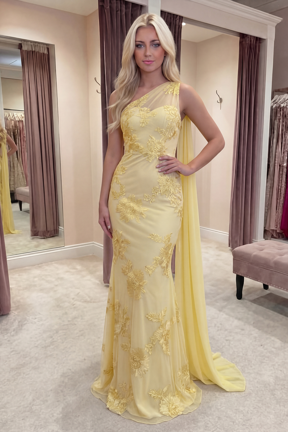 Yellow Appliqued Mermaid Long Prom Dress with Side Cape