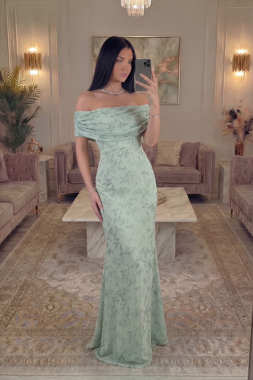 Mermaid Long Dusty Sage Off the Shoulder Floral Prom Dress