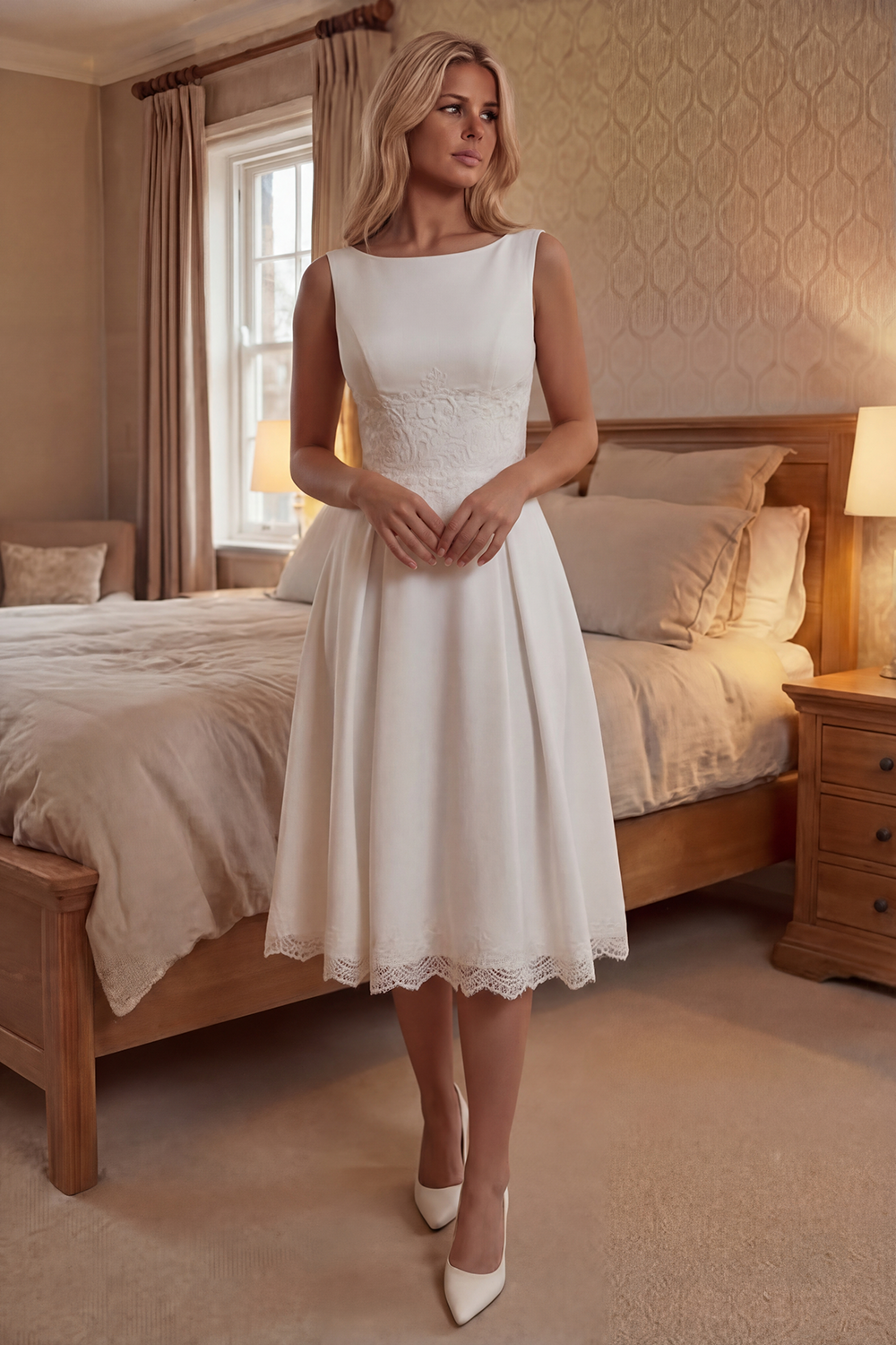 Ivory A Line Boat Neck Cut Out Midi Graduation Dress with Lace