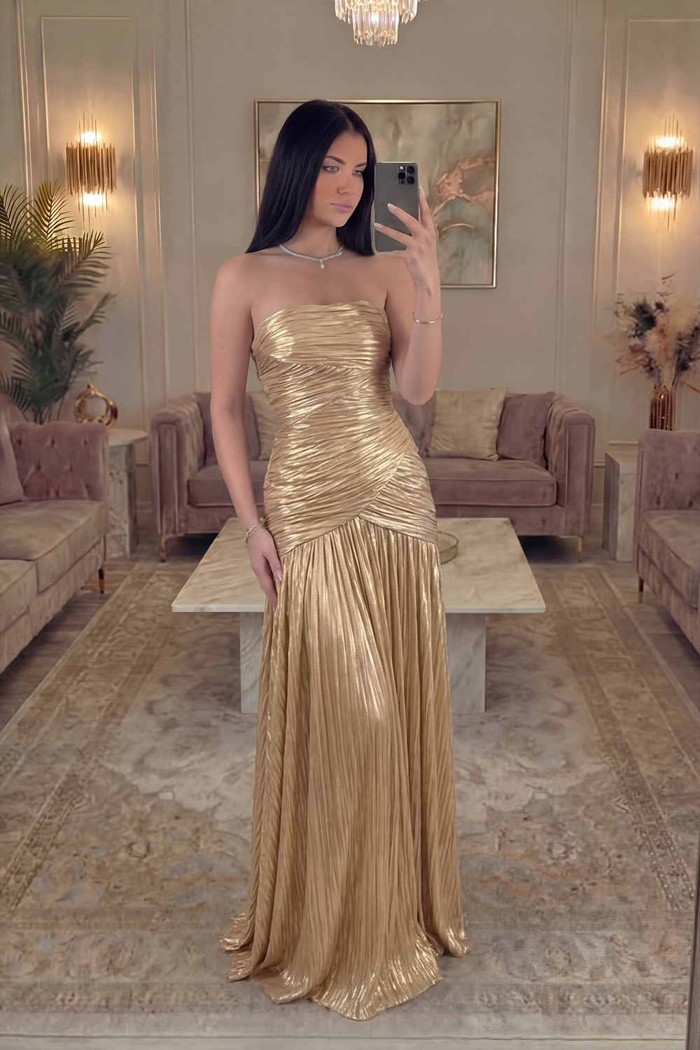 Sparkly Strapless Gold A Line Long Metallic Prom Dress with Pleats