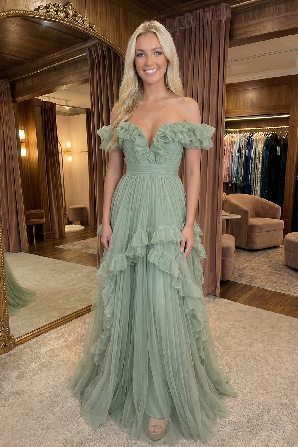 Lilac Chiffon A Line Long Off the Shoulder Prom Dress with Ruffles