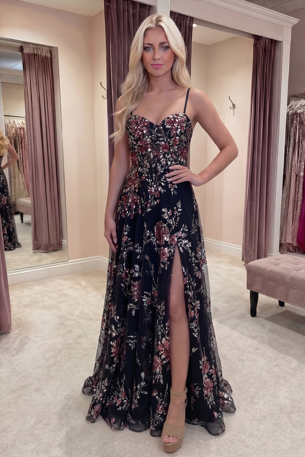 Sparkly Ivory Floral A-Line Flower Sequins Long Corset Prom Dress