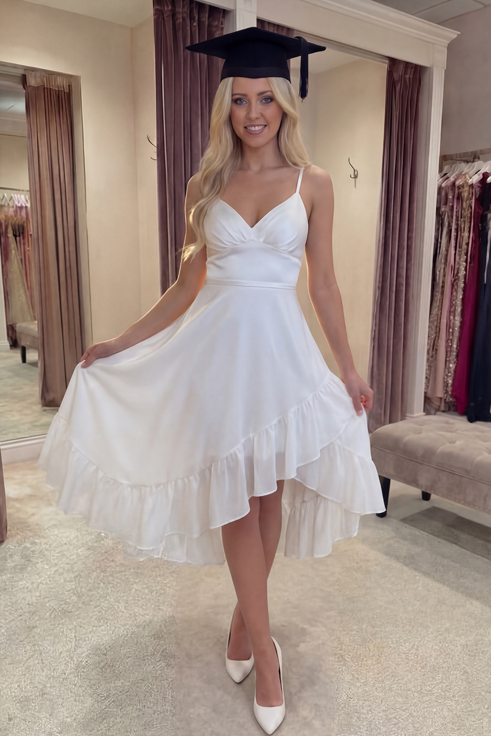 Flowy Ivory Spaghetti Straps A Line Midi Graduation Dress with Ruffles