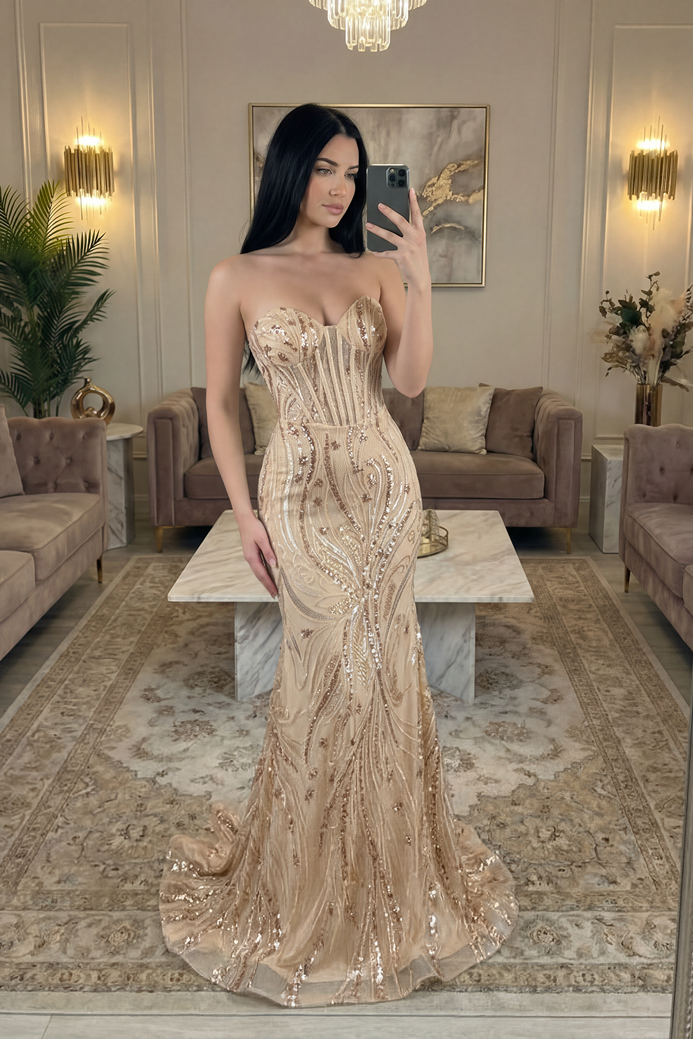 Sparkly Champagne Sequin Sweetheart Mermaid Long Corset Prom Dress