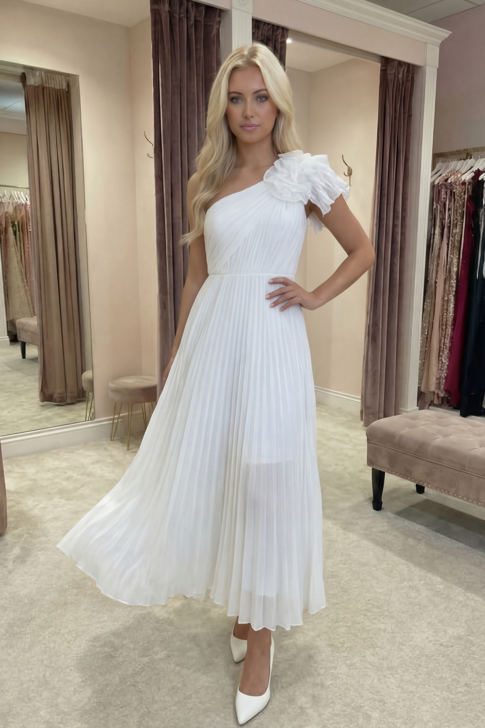 White Tulle A Line One Shoulder Graduation Dress with Ruffles