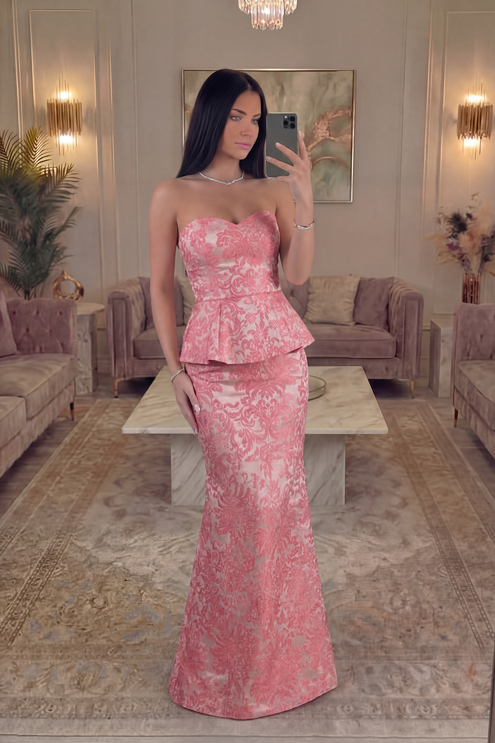 Sweetheart Mermaid Blush Jacquard Floral Long Prom Dress