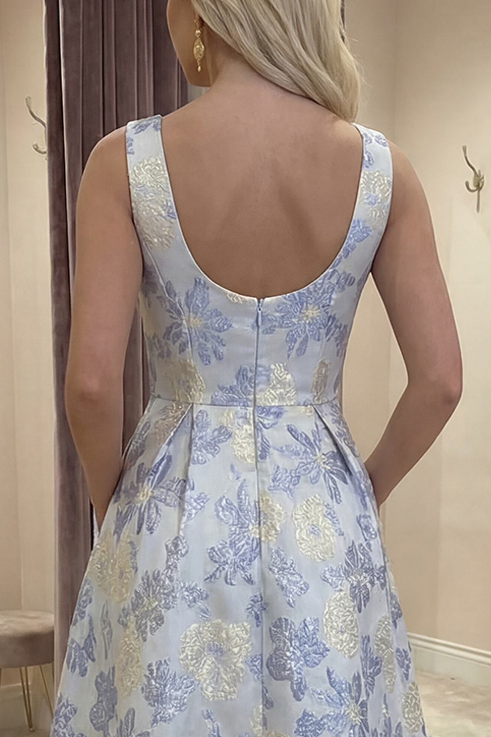 Floral Dusty Blue A Line Jacquard Long Prom Dress with Pocket