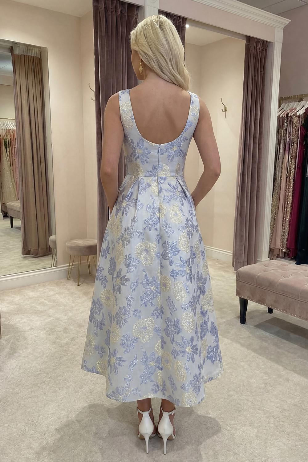 Floral Dusty Blue A Line Jacquard Long Prom Dress with Pocket
