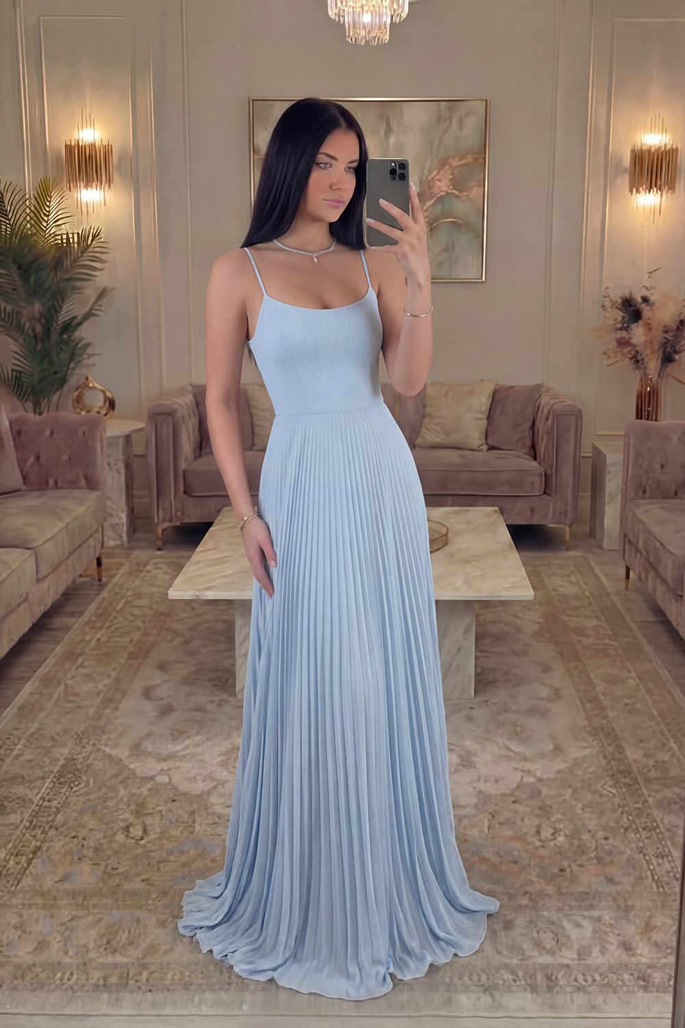 A Line Sky Blue Spaghetti Straps Long Prom Dress with Pleats