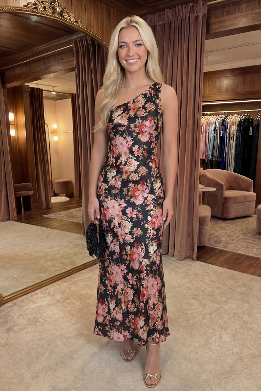 Mermaid Black Pink Flower One Shoulder Long Prom Dress