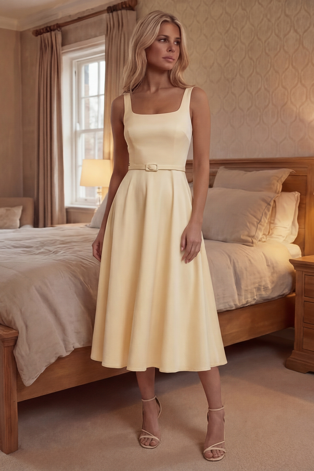 Simple Ivory A Line Square Neck Long Graduation Dress with Belt