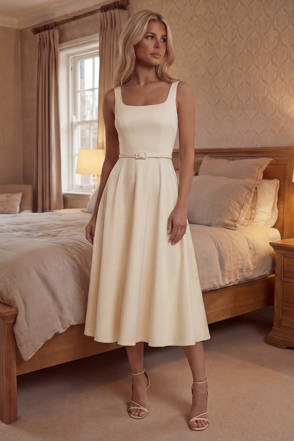 Simple Ivory A Line Square Neck Long Graduation Dress with Belt