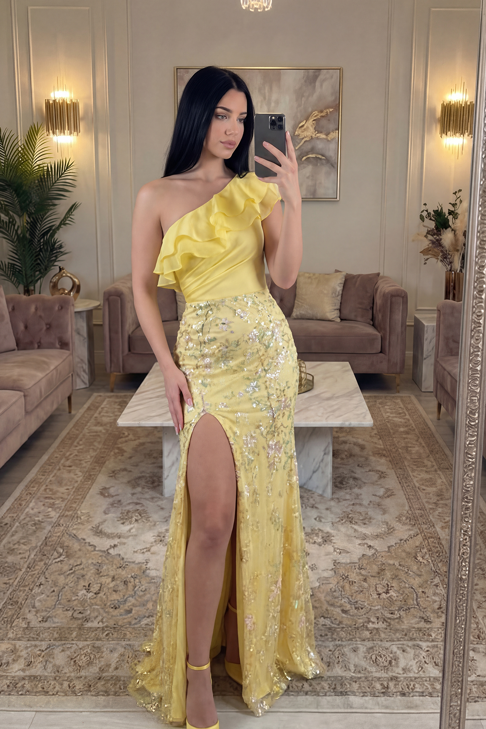 Yellow One Shoulder Mermaid Long Floral Prom Dress with Slit