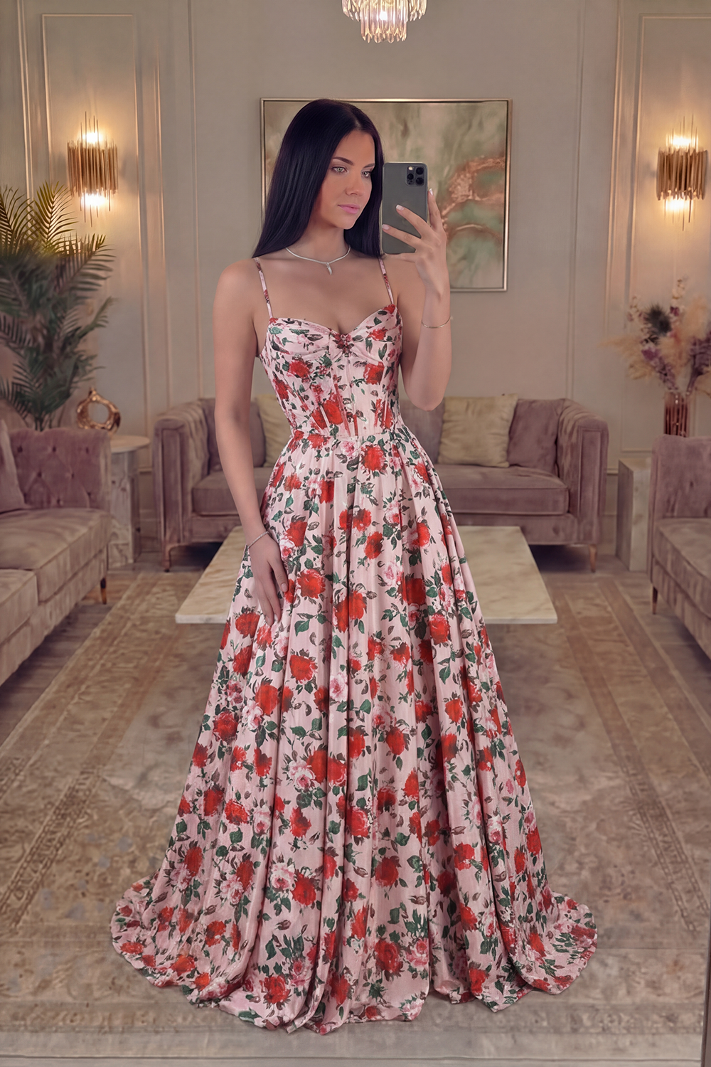 Red A Line Corset Spaghetti Straps Floral Long Prom Dress