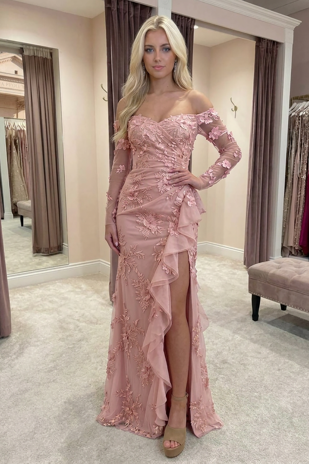 Yellow Floral Sheath Strapless Long Prom Dress with Ruffles