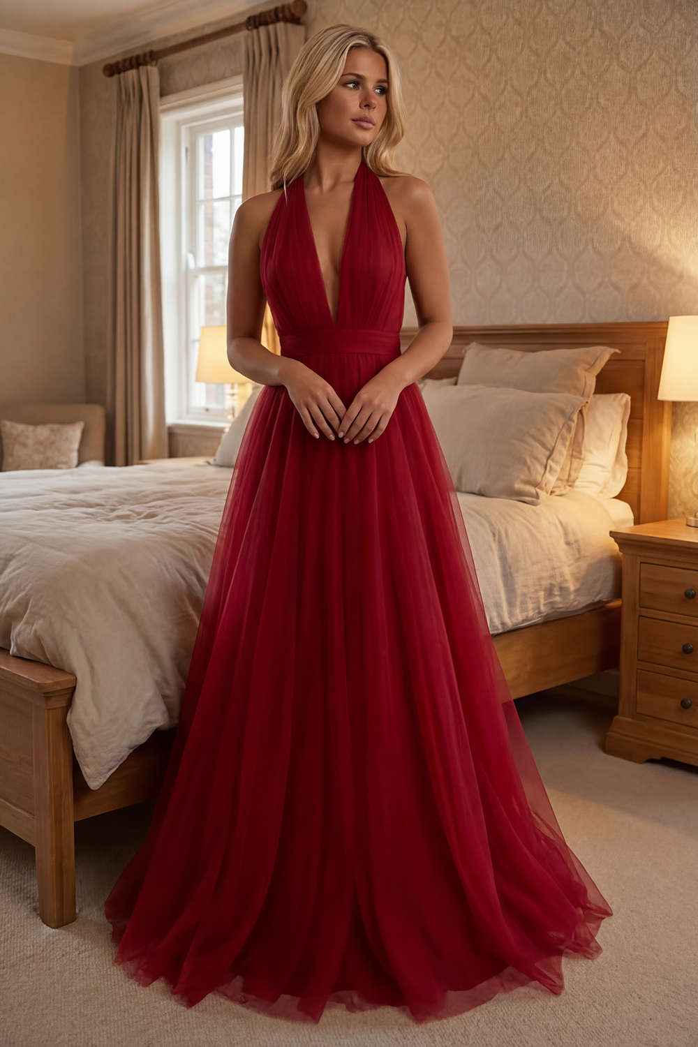 Red A-Line Halter Neck Long Tulle Prom Dress