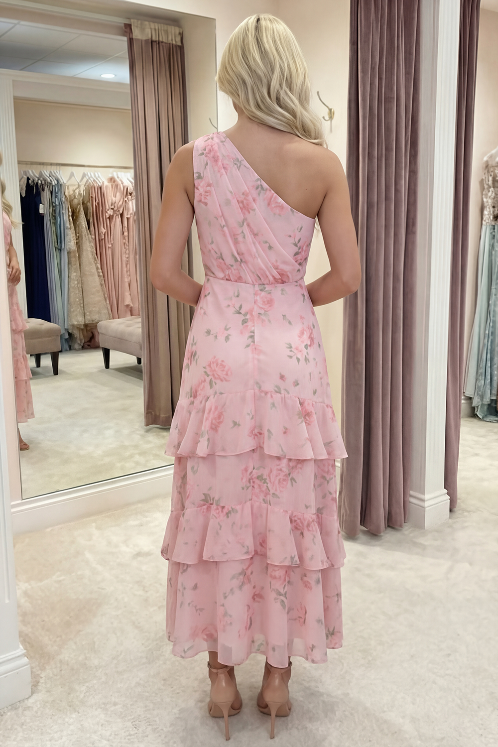 Pink One Shoulder Ruched Floral Long Prom Dress with Ruffles
