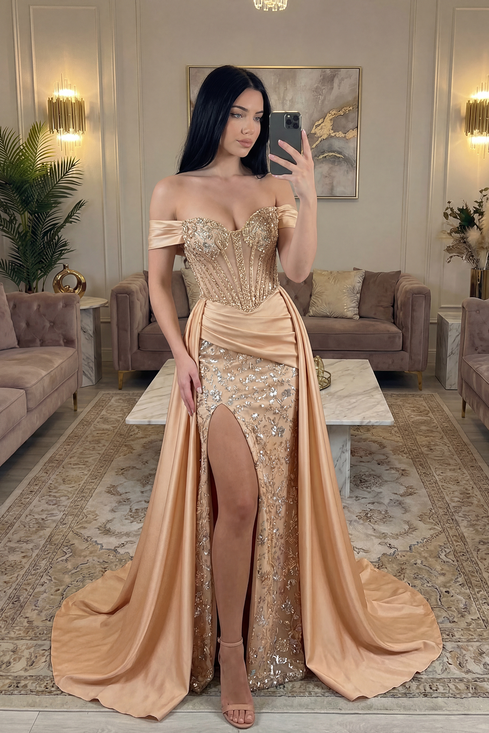 Sparkly Off the Shoulder Champagne Corset Mermaid Floral Long Prom Dress with Cape