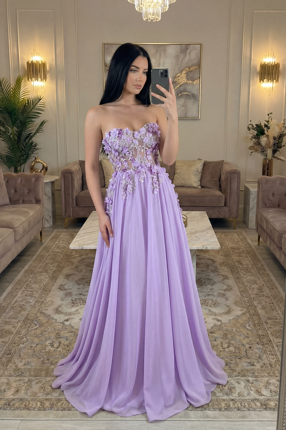 Sparkly Lilac Floral Beaded Strapless A Line Corset Long Prom Dress