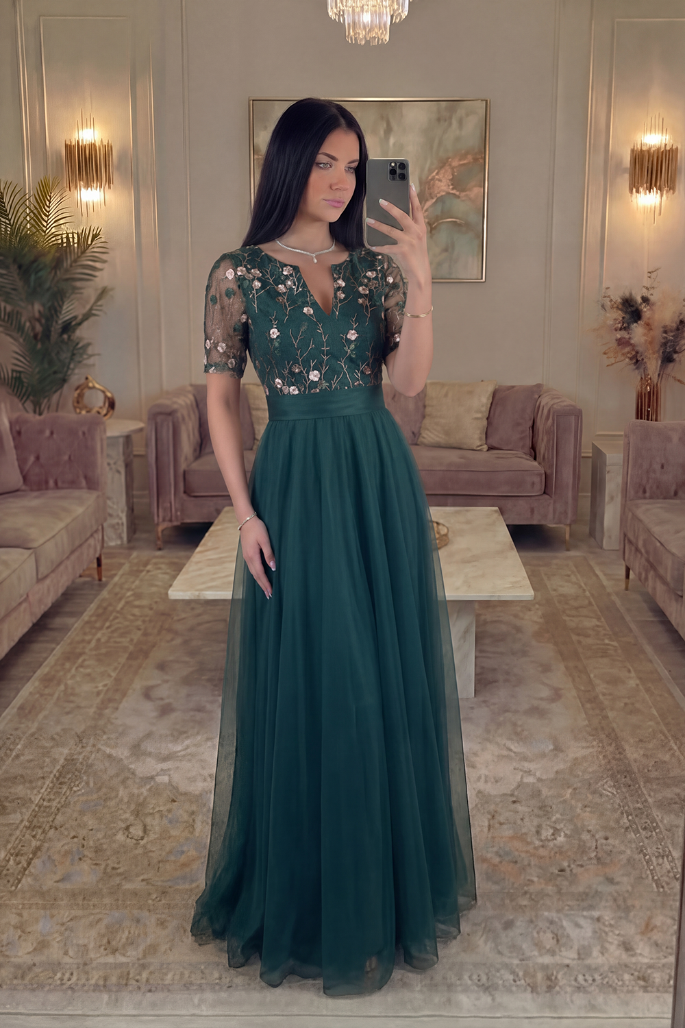 Half Sleeves Long A Line Dark Green Floral Prom Dress